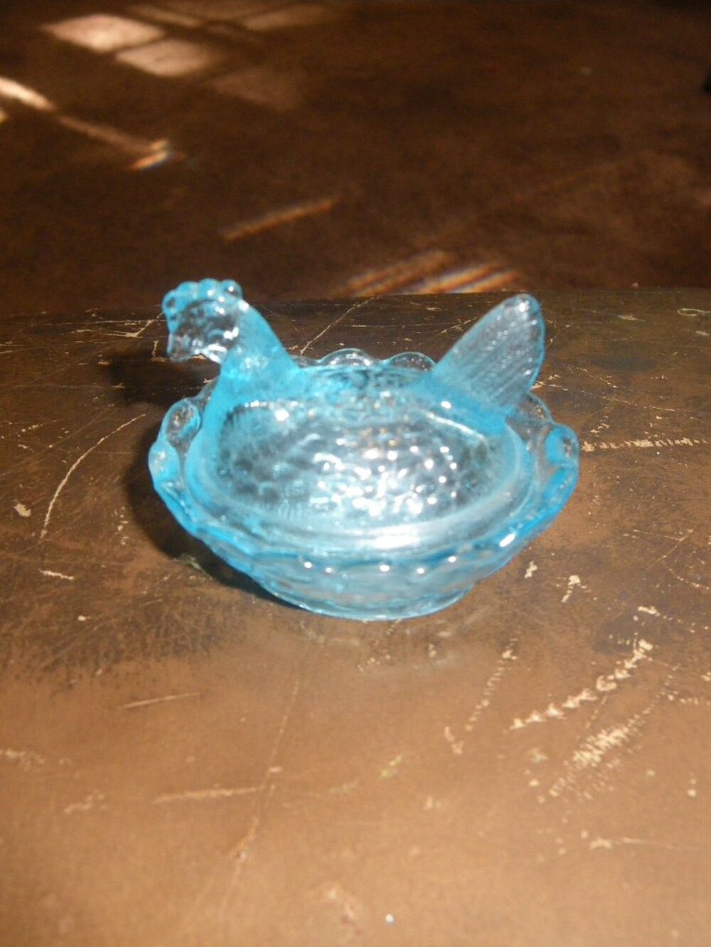 Vintage Small Blue Glass Jewelry Trinket Ring Box Hen on Basket